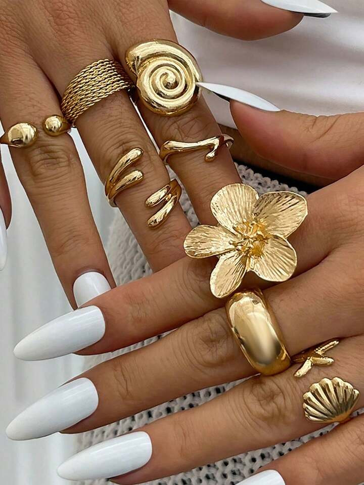 8 Pieces/Set Vintage Smooth Vegan Ring Fashion Ring Bohemian Starfish Personalized Ring | SHEIN