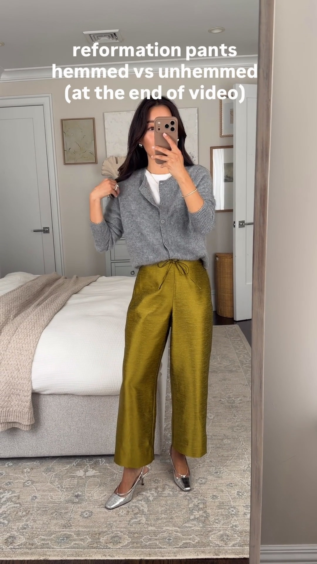Sizing info below: 
• reformation olina pants XS (fits like a sz 0 with some wiggle room due to drawstring). These originally came with a 25.5” inseam, which I hemmed 2” to be cropped. They’re going to be a perfect holiday to spring / summer pant as well. 
• Quince cashmere cardigan XS in brushed cashmere. This petite friendly cardigan also comes in regular cashmere, or brushed cashmere which feels a little more fun and special. 
• Everlane box cut tee XS (sized up) 
• old Jcrew heels 

Easy petite fall workwear outfit, office style ideas, elevated closet pieces

#LTKPetite #LTKWorkwear #LTKSeasonal