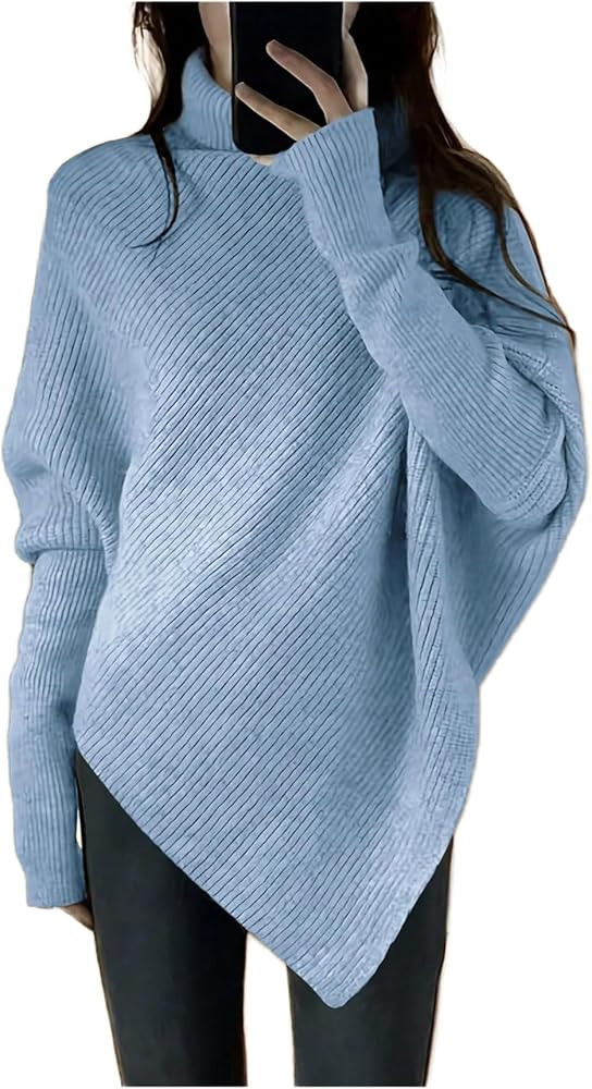 Milumia Women's Turtleneck Poncho Sweaters Asymmetrical Ribbed Sweater Dolman Loose Pullover Knit... | Amazon (US)
