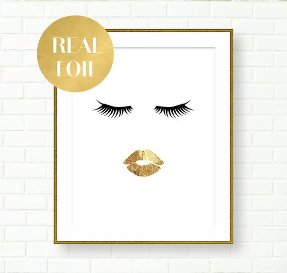 Gold Lips Print, Vanity Decor, REAL GOLD FOIL Art, Black Gold Decor, Glam, Lashes, Eyelashes, Gold W | Etsy (US)