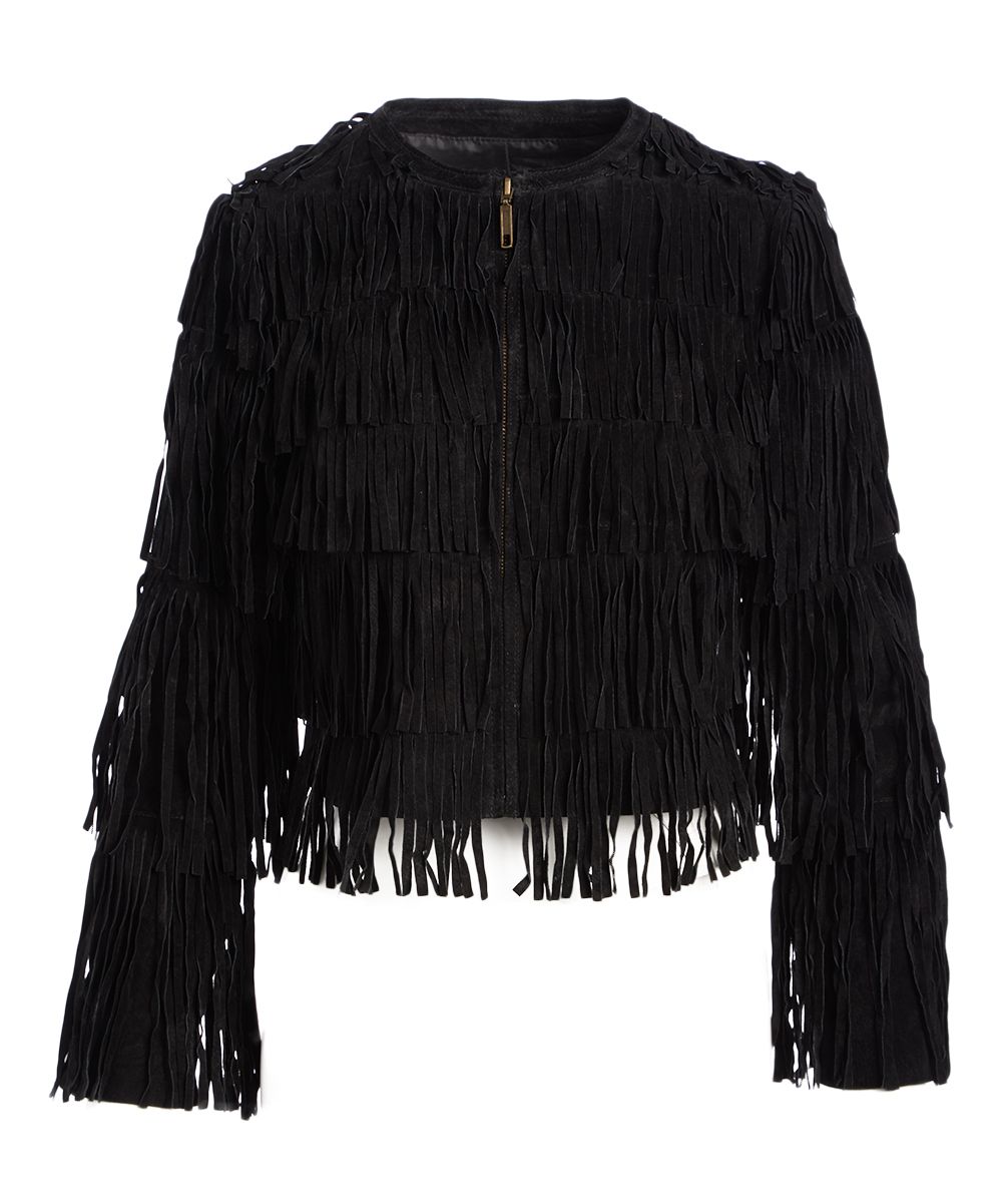 Live A Little Women's Leather Jackets BLACK - Black Fringe Leather Jacket | Zulily