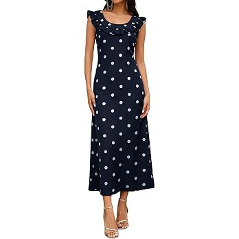 Womens Polka Dot Dress Ruffle Cap Sleeve A Line Maxi Dresses | Scoop Neck, Sleeveless, Smocked, U... | Amazon (US)