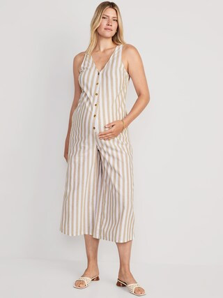 Maternity Sleeveless Linen-Blend Cropped Henley Jumpsuit | Old Navy (US)