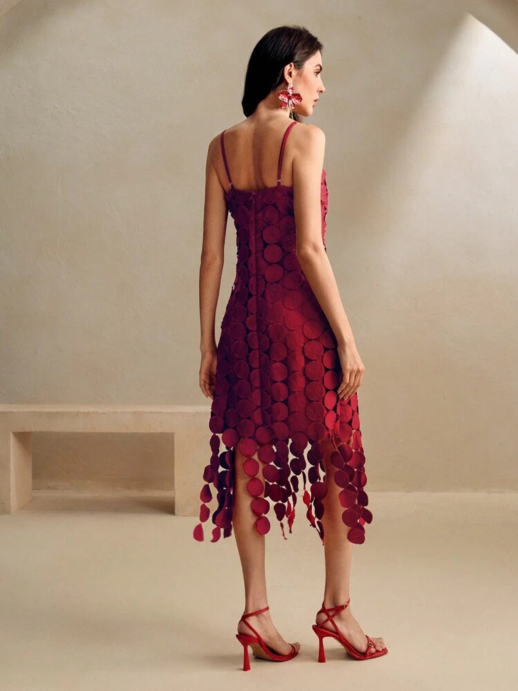 Anewsta Knitted Sling Women's Soluble Lace Angora Short Dress, Red & Burgundy, Spring/Summer | SHEIN