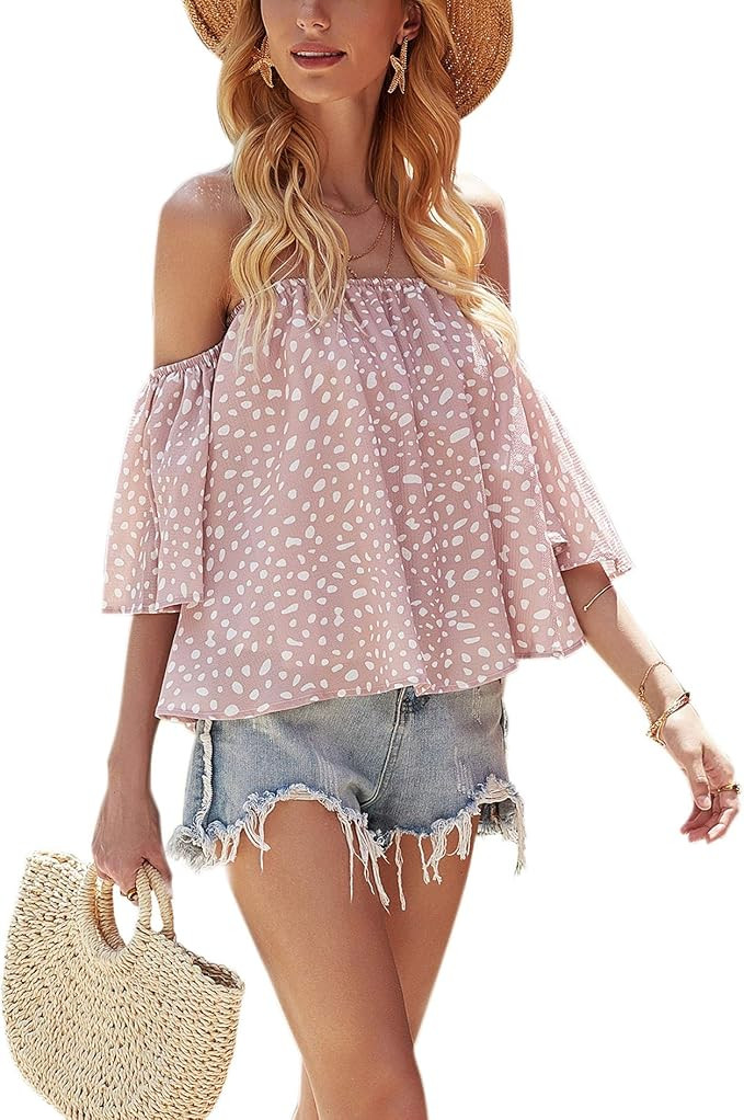Hibluco Women's Off The Shoulder Tops Flare Sleeve Shirts Floral Summer Blouse | Amazon (US)