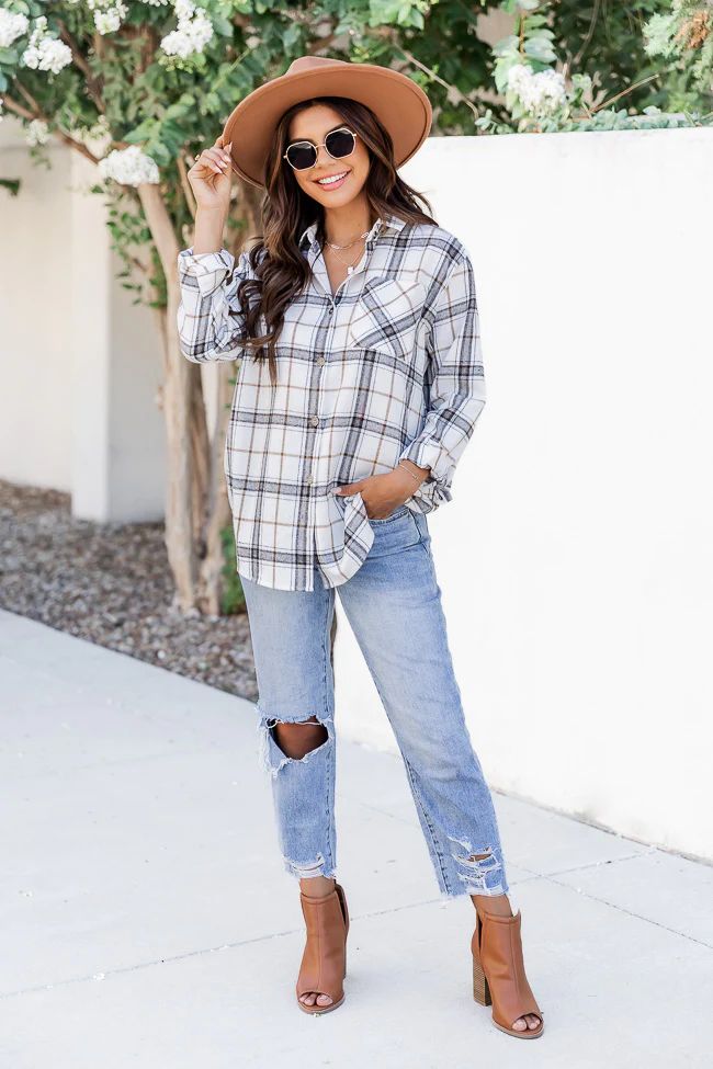 Steps Away Ivory Plaid Button Up Blouse | Pink Lily