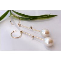 White Pearl & Diamond Minimalist Earrings in 14K Gold | Wedding Long Drop Statement | Etsy (US)