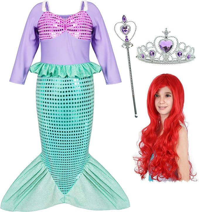 Joy Join Little Girls Princess Mermaid Costume for Girls Dress Up Party with Wig,Crown, Mace Gree... | Amazon (US)