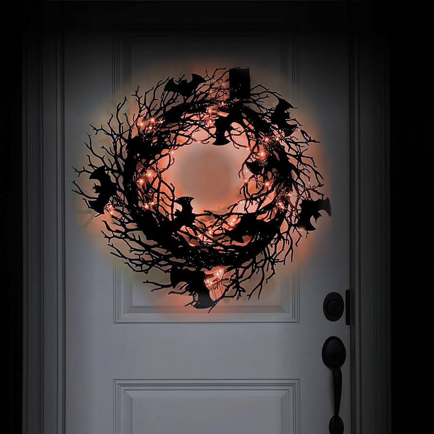 26 Inch Black Halloween Wreath Light Up, Black Glitter Bat Twig Branch Wreath, Large Halloween Do... | Amazon (US)