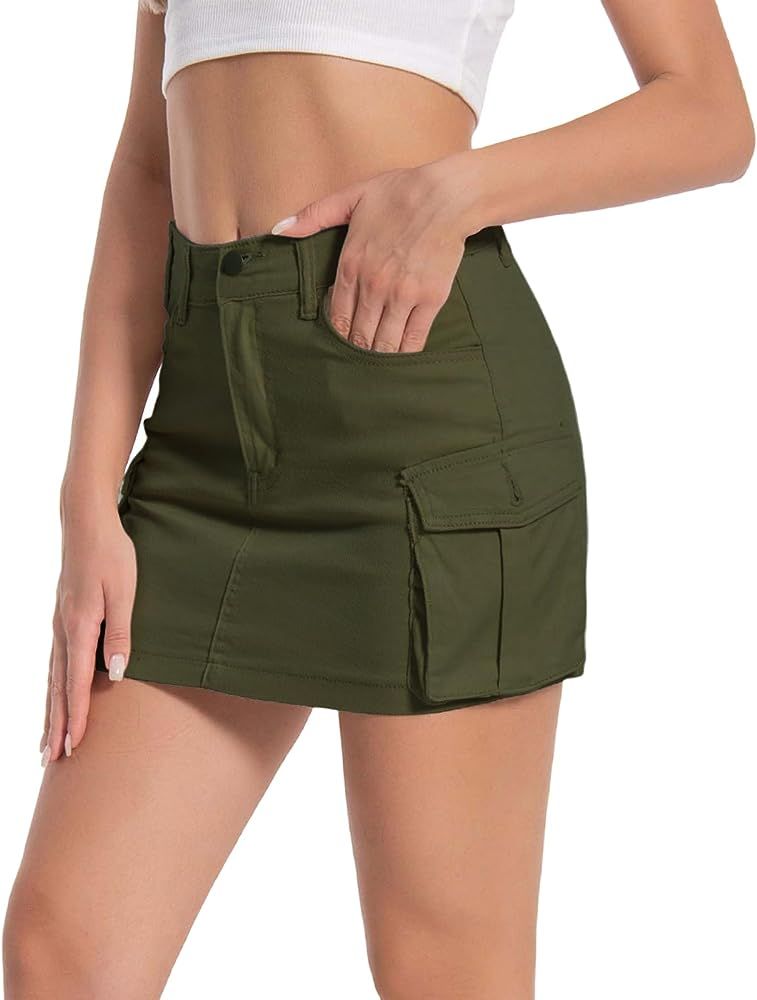 Women's Mini Cargo Denim Skirt, Low Rise Cargo Skirt Button Bodycon Y2K Jean Skirt with Pockets | Amazon (US)