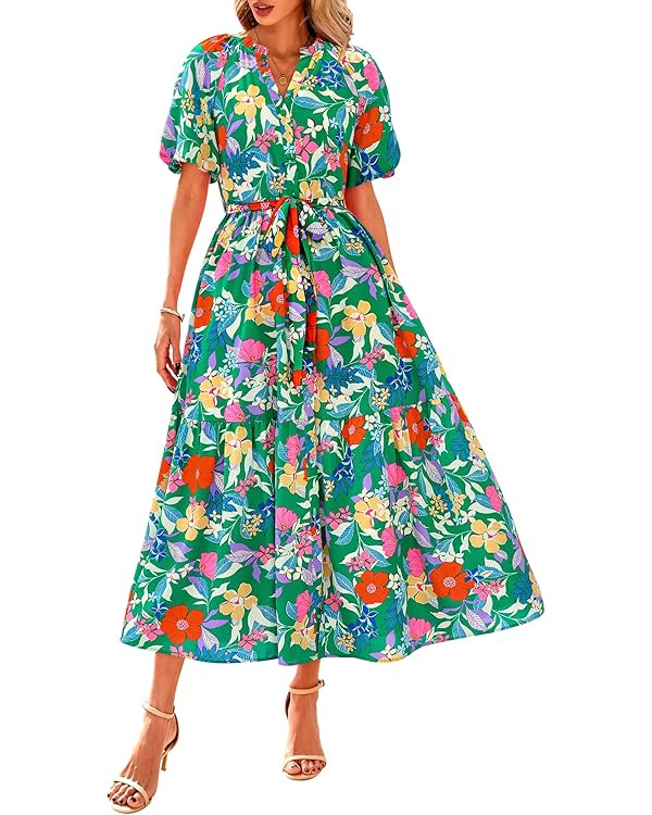 BTFBM Women Summer Floral Midi Dresses Casual Boho Puff Short Sleeve V Neck Button Belt Flowy Max... | Amazon (US)