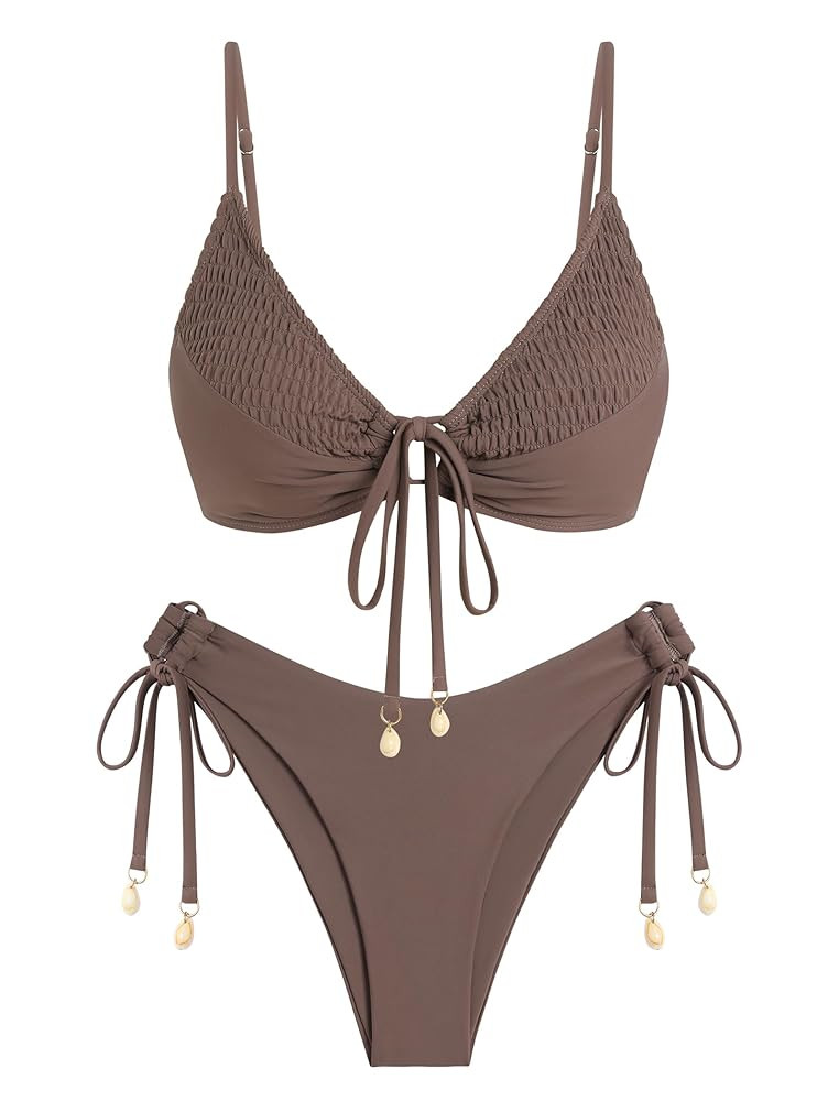 ZAFUL Women's Triangle Bikini Set O Ring Tie String Two Piece Swimsuit 2025 Smocked High Cut Bath... | Amazon (US)