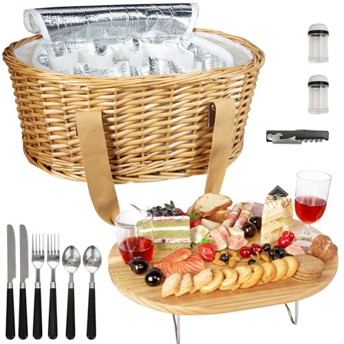 Hap Tim Wicker Picnic Basket Set for 2 with Mini Folding Wine Picnic Table & Large Insulated Cooler Bag & Cutlery Service Kits for 2 Person, Couples Gifts, Wedding Gifts (Y2209-2-CM) | Amazon (US)