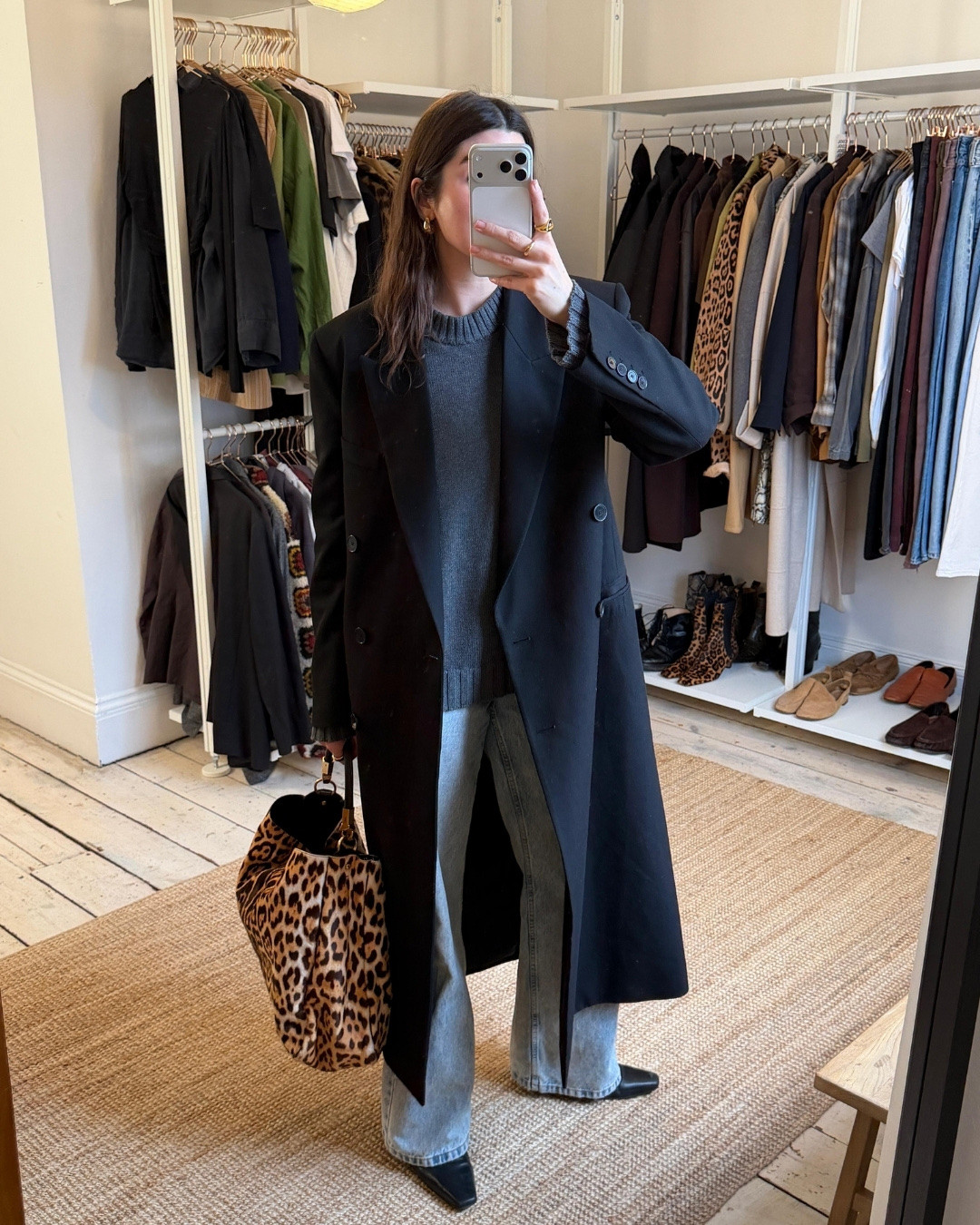 Styling my Arket grey jumper with blue denim and a tailored black coat, pop of vintage leopard print

#LTKstyletip #LTKwinter