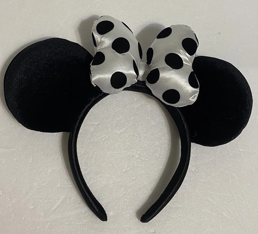 Disney Parks Black & White Polka Dot Bow Black Velour Minnie Ears Headband | eBay US