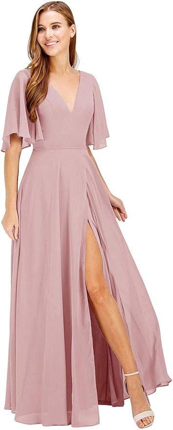 A Line Split Chiffon Bridesmaid Dresses Long for Women with Sleeves V Neck Formal Gowns with Pock... | Amazon (US)