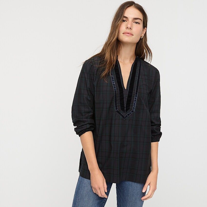 Velvet-trimmed V-neck tunic in Black Watch tartan | J.Crew US