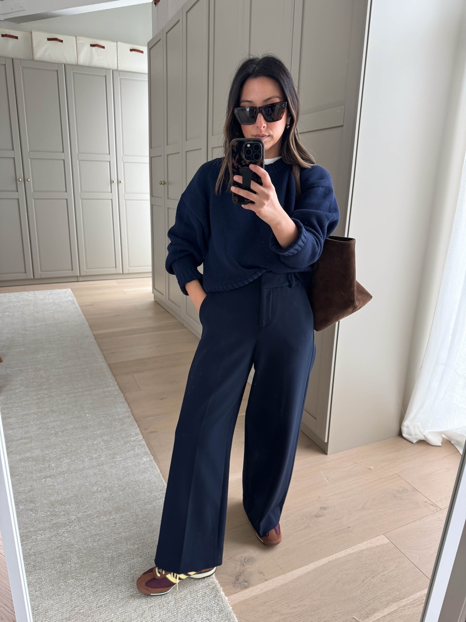 Work outfit idea. 

Everlane cotton sweater xs
J.Crew Sydney Trousers regular size 2 (old)
Adidas SL72 OG sneakers 5 women's
Liffner Pillow Hobo bag
Polo Ralph Lauren hat