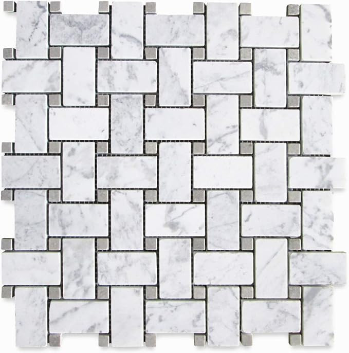 Stone Center Online Carrara White Marble 1x2 Basketweave Mosaic Tile w/Cinderella Gray Tan Dots H... | Amazon (US)
