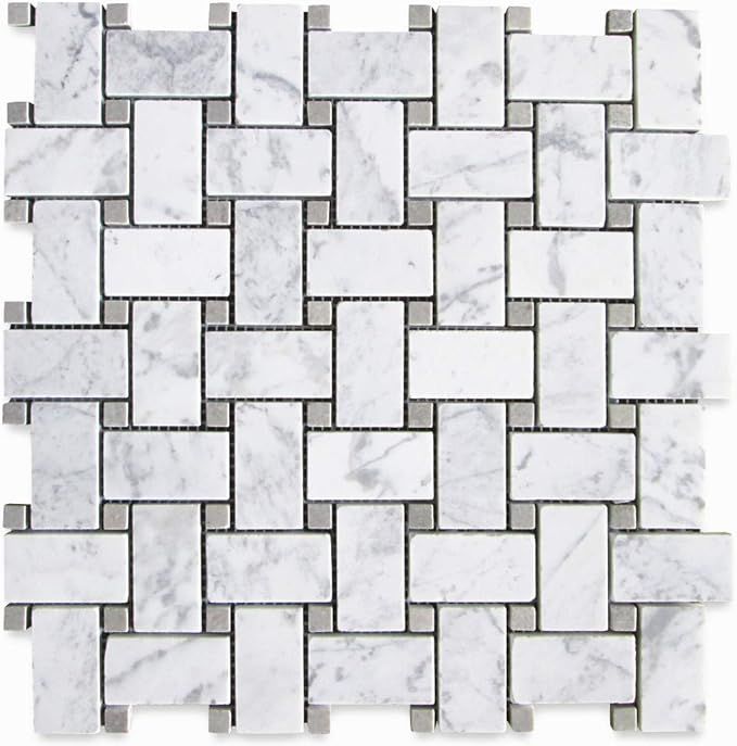 Stone Center Online Carrara White Marble 1x2 Basketweave Mosaic Tile w/Cinderella Gray Tan Dots H... | Amazon (US)