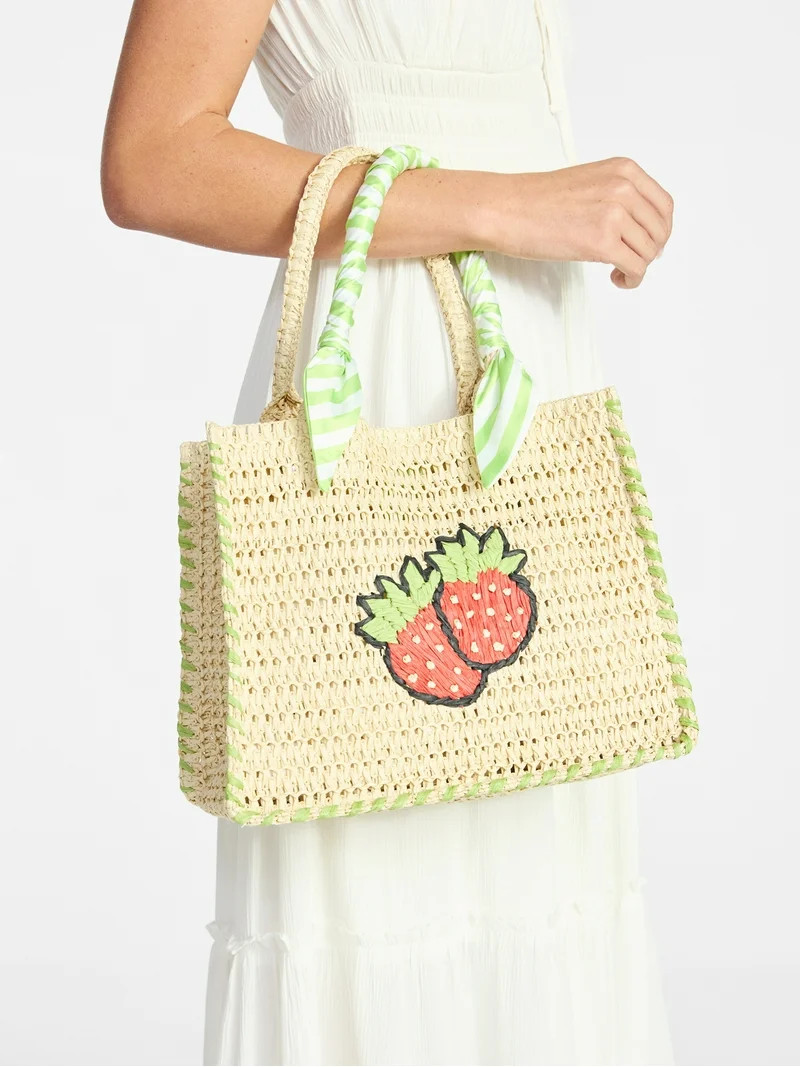 No Boundaries Women's Beach Icons Mini Straw Tote Bag, Natural with Strawberry Embroidery | Walmart (US)