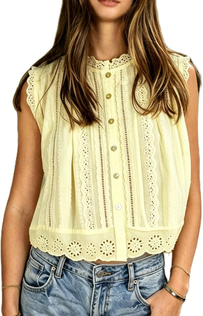 Women Y2k Semi Sheer Blouse Eyelet Embroidery Sleeveless Button Down Mock Neck Casual Cropped Lac... | Amazon (US)