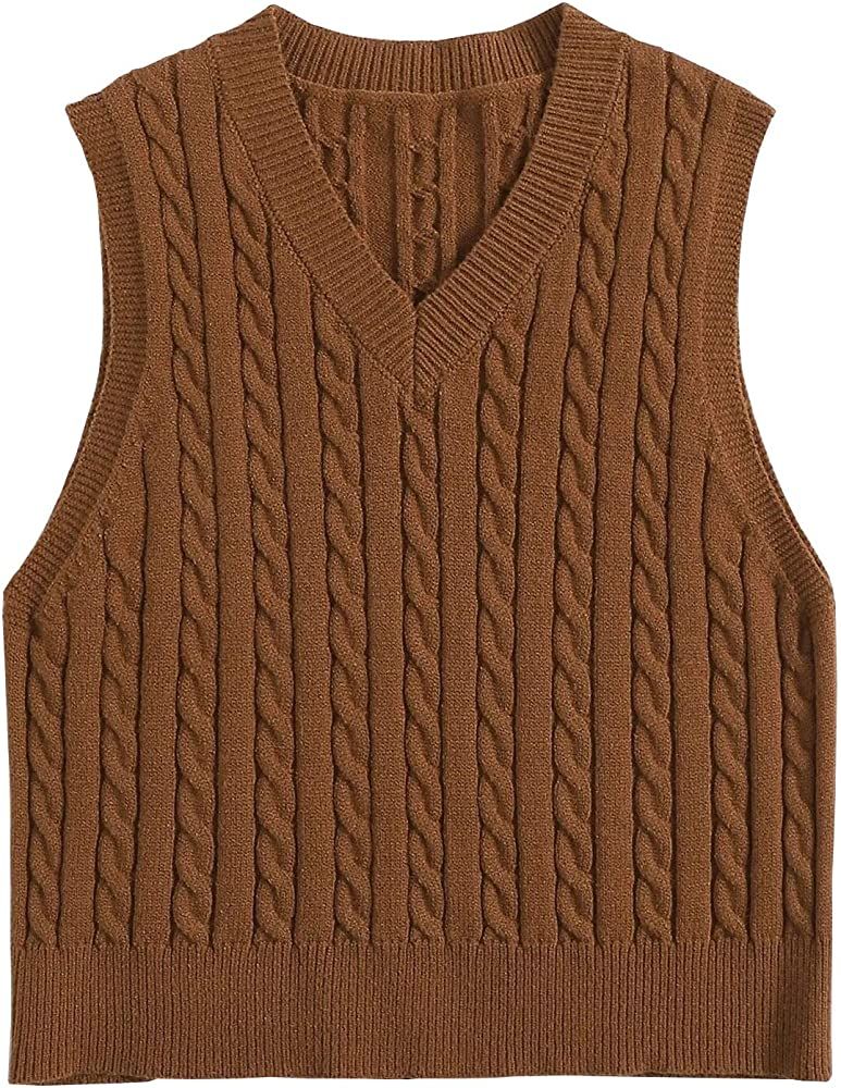 Locachy Women's Vintage Loose V Neck Sleeveless Cable Knit Preppy Style Pullover Sweater Vest | Amazon (US)