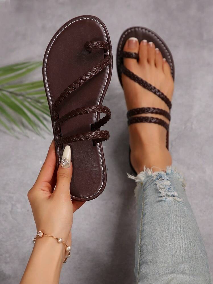 Women Toe Ring Flat Sandals, Casual Open Toe Lace-Up Non-Slip Slides, Outdoor Beach Flip Flops | SHEIN