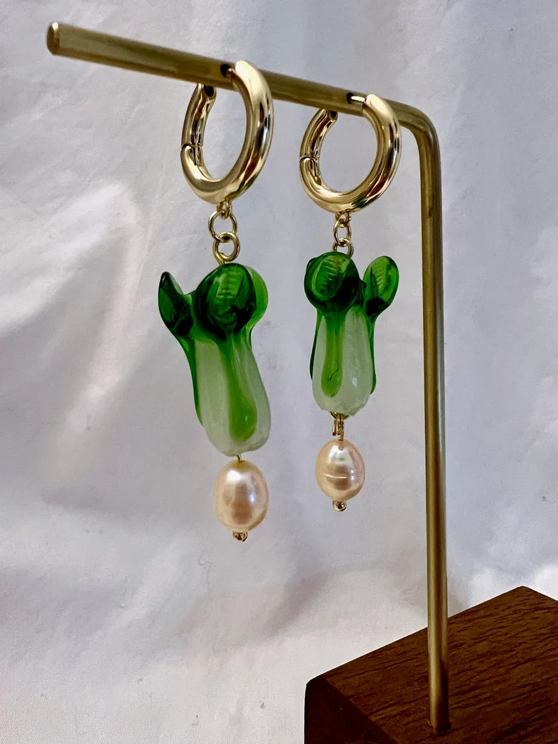 Chunky Gold Hoop Bok Choy Freshwater Pearl Earrings Unique - Etsy | Etsy (US)