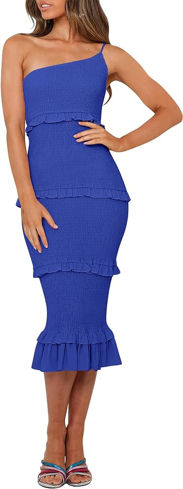 PRETTYGARDEN Women's Summer Midi Bodycon Dresses One Shoulder Strappy Tiered Ruffle Floral Boho S... | Amazon (US)