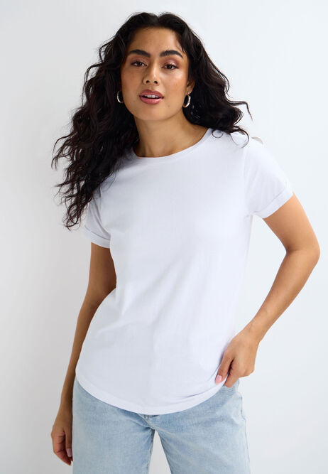 Womens White Plain Roll Sleeve T-shirt | Peacocks