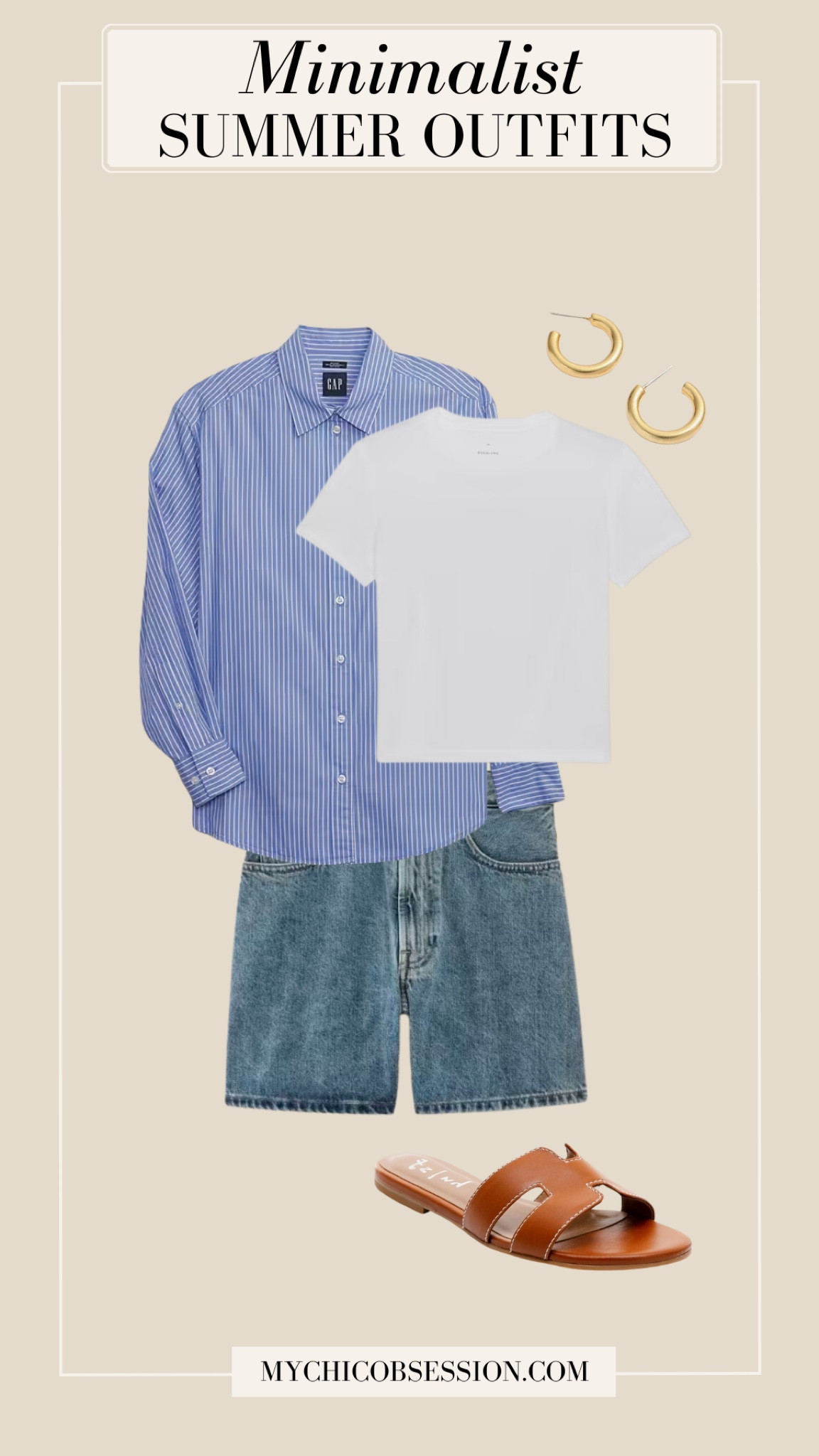 This is the perfect casual but chic look for summer. Start with a white tee from Everlane, paired with a-line denim shorts. Add a striped button-down from Gap on top. Accessorize with gold hoops, and add sandals for the finishing touch.

#LTKstyletip #LTKshoecrush #LTKSeasonal
