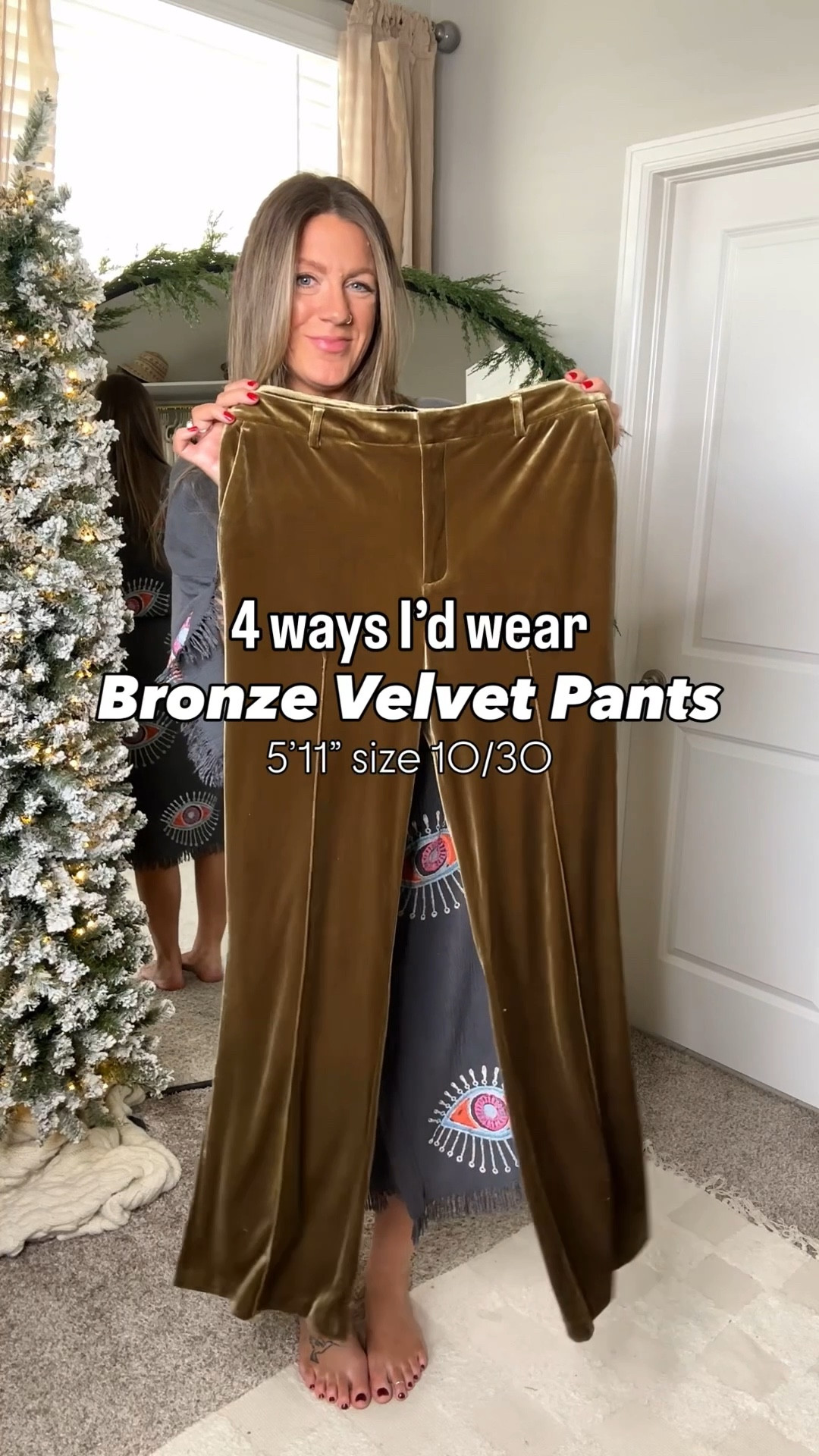 Bronze/olive velvet pants and ways I’d wear them as a tall mom (5’11” size 10/30, 34” inseam) 
✨tts pants (10) large in all the tops, 11 shoes 

#LTKOver40 #LTKHoliday #LTKTall