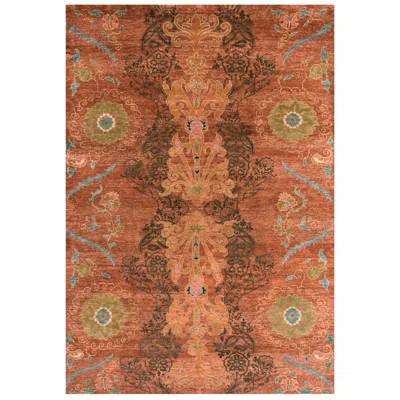 Rectangle Floral Hand-Knotted Wool Area Rug in Red/Orange/Green | Perigold