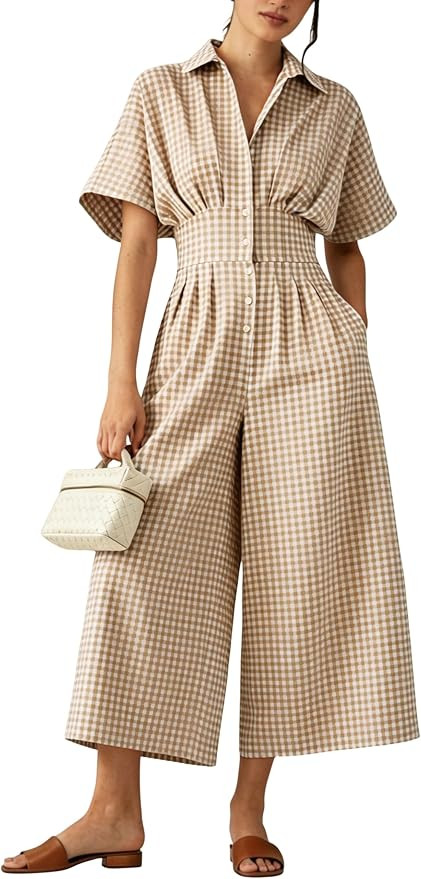 Yeokou Women's Gingham Button Down Jumpsuits Short Sleeve Pleated High Waist Wide Leg Pocketed Ca... | Amazon (US)