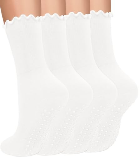 yeuG Pilates Socks with Grips for Women Non Slip Grip Crew Socks with Ruffle for Yoga, Barre, Ballet, Barefoot Workout | Amazon (US)