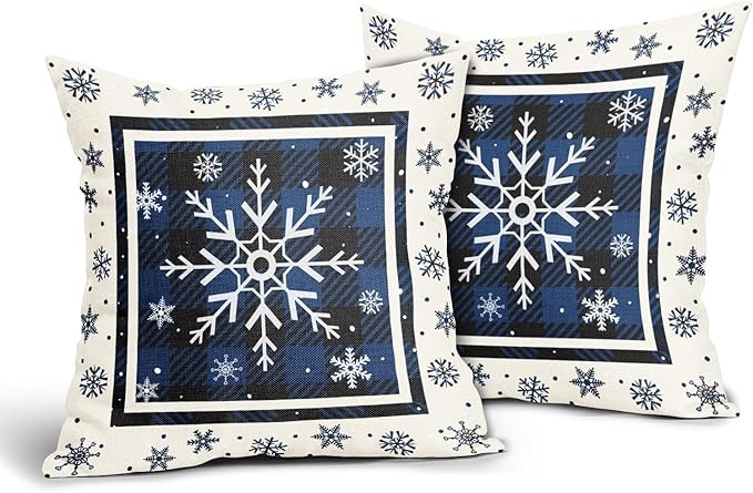 Winter Snowflakes Pillow Covers Set of 2 18x18in Christmas Blue Black Buffalo Plaids Cotton Linen... | Amazon (US)