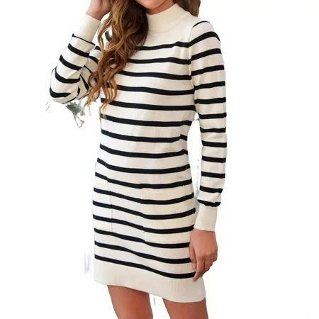 Women Sweater Dresses Striped Stand Collar Casual Long Sleeve Black and White S | Walmart (US)