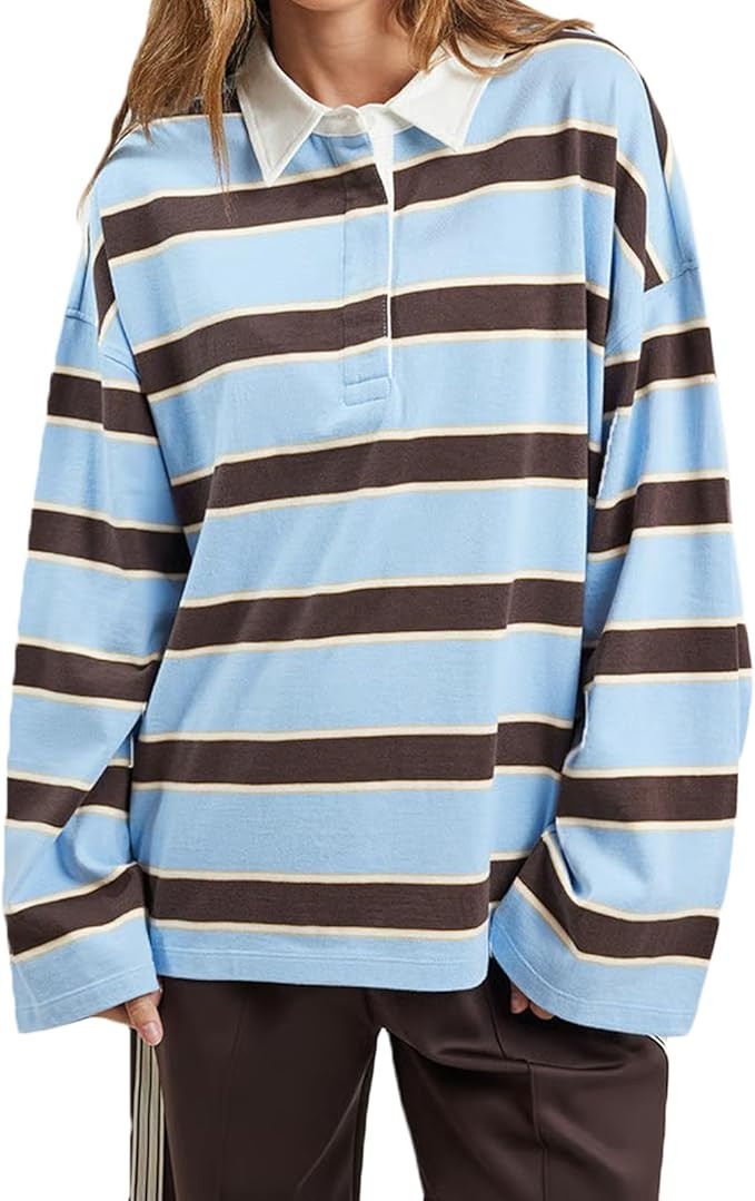 Women Oversized Striped Polo Sweatshirt Long Sleeve Lapel V Neck Rugby Shirt Pullover Top Vintage... | Amazon (US)