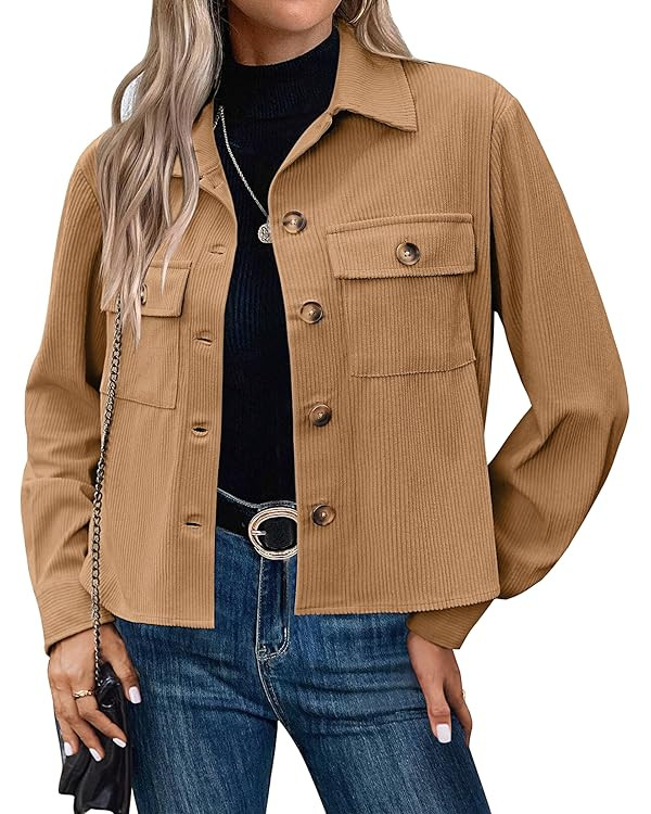 Zeagoo Womens Fashion Cropped Shackets Corduroy Button Down Crop Jackets Tops Long Sleeve Shirts ... | Amazon (US)