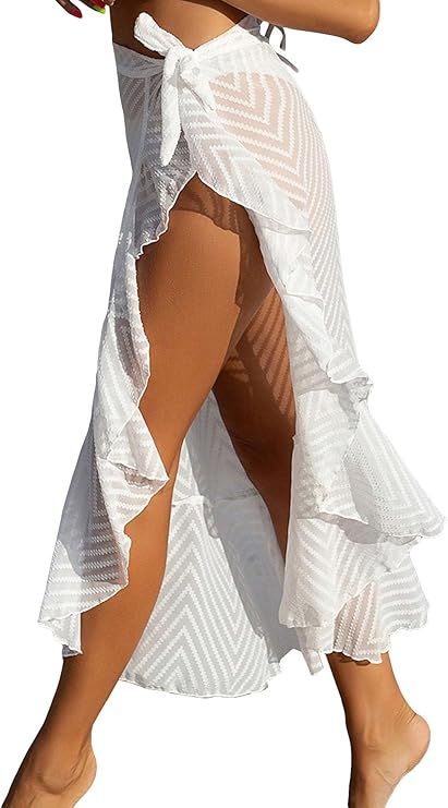 WDIRARA Women's Chevron Ruffle Trim Asymmetrical Hem Tie Side Sheer Cover Up Beach Midi Skirts | Amazon (US)