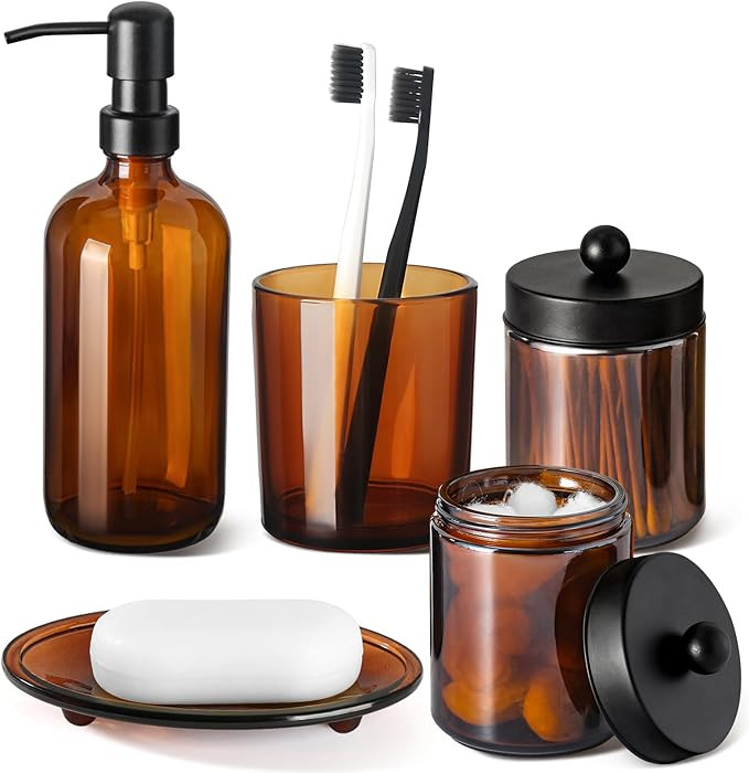 GMISUN Bathroom Accessories Set, 5 Pack Amber Glass Bath Accessory Sets Complete, Brown Soap Disp... | Amazon (US)