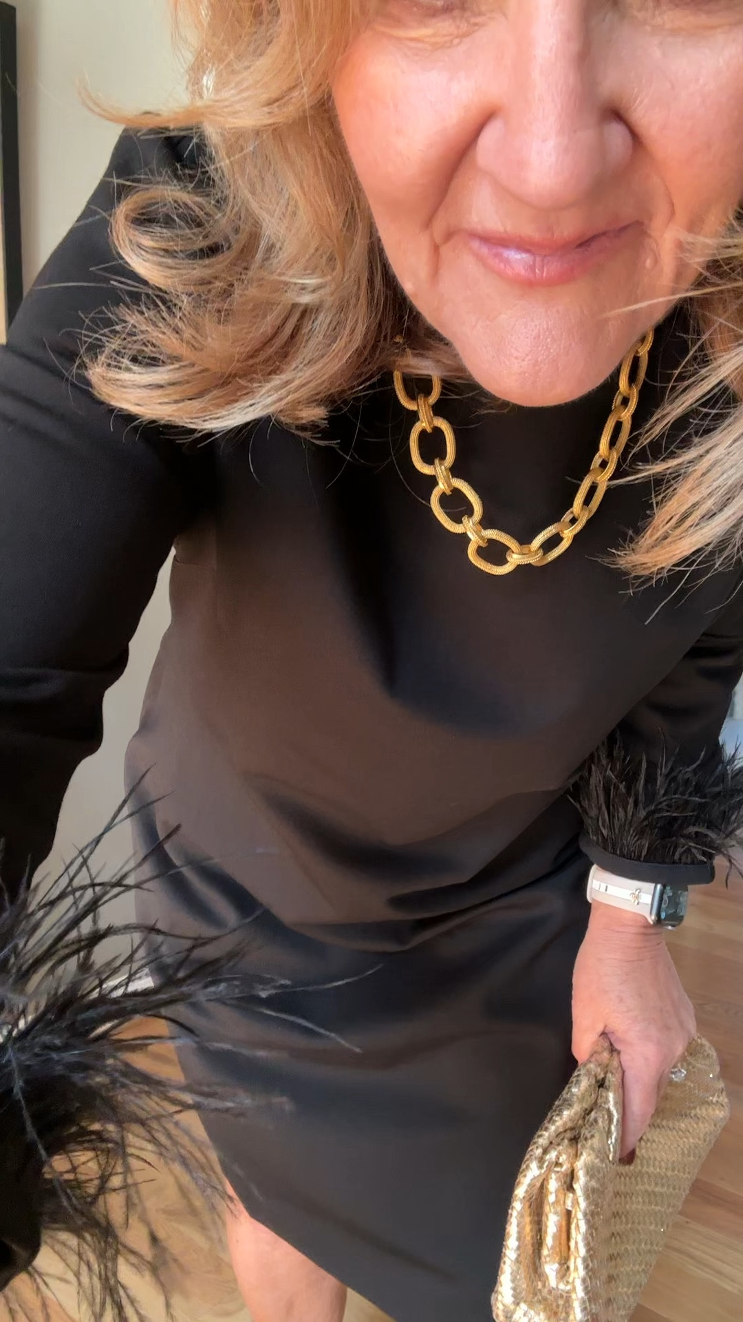 GORGEOUS Jude Connally dress wearing a large. If you want fitted order your smaller size. 

Shoes tts. 

Wedding guest dress holiday party dress Julie Vos gold jewelry gold shoes feather trim 

#LTKOver40 #LTKHoliday #LTKWedding