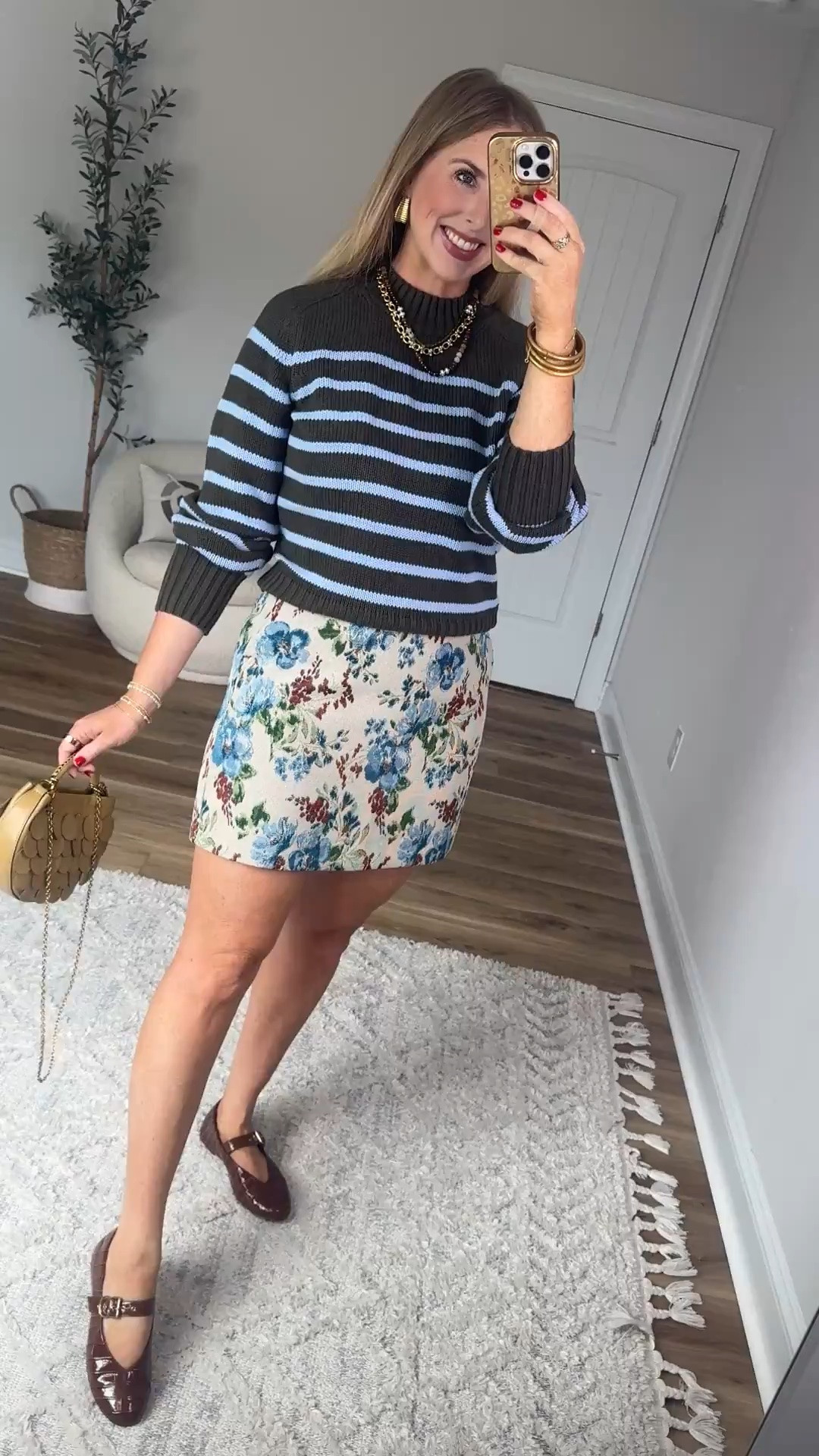 Print mix outfit with this striped mock neck sweater and floral jacquard skirt from Walmart!

#LTKootd