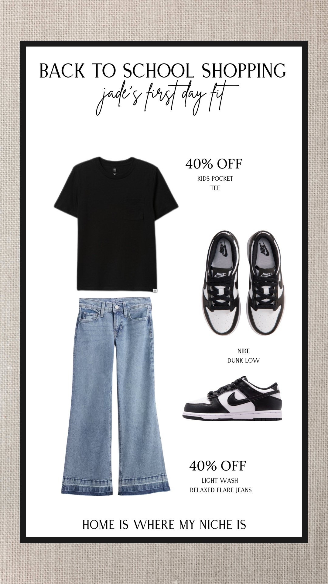 Girls Back to School Outfit | Grade 3 First Day Outfit

Jade’s first day fit is officially picked! Back to school shopping is done and this outfit feels so her. 🖤 A simple black pocket tee, light wash wide leg jeans + Nike Dunks. The tee and jeans are both 40% off right now!

Linked her full first day outfit + the exact shoes.

girls back to school outfit | first day of school outfit | grade 3 outfit | kids back to school clothes | girls wide leg jeans | Nike Dunk Low kids | girls school outfit

#LTKcanada #LTKkids #LTKsale