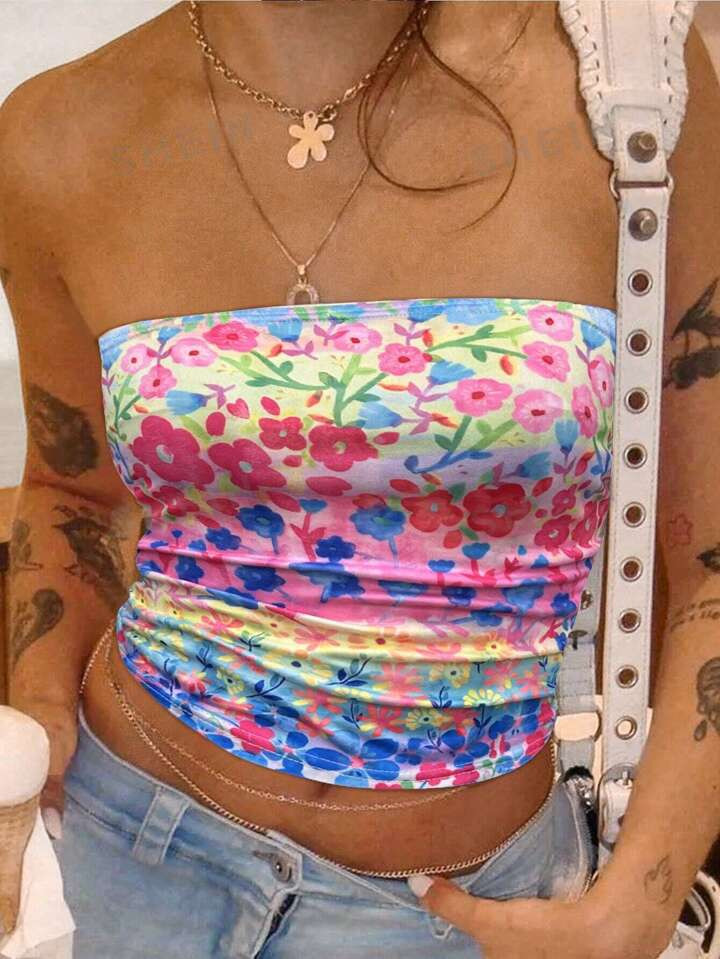 SHEIN EZwear Y2K Summer Short Cropped Slim Fit Strapless Tube Top With All-Over Floral Print | SHEIN