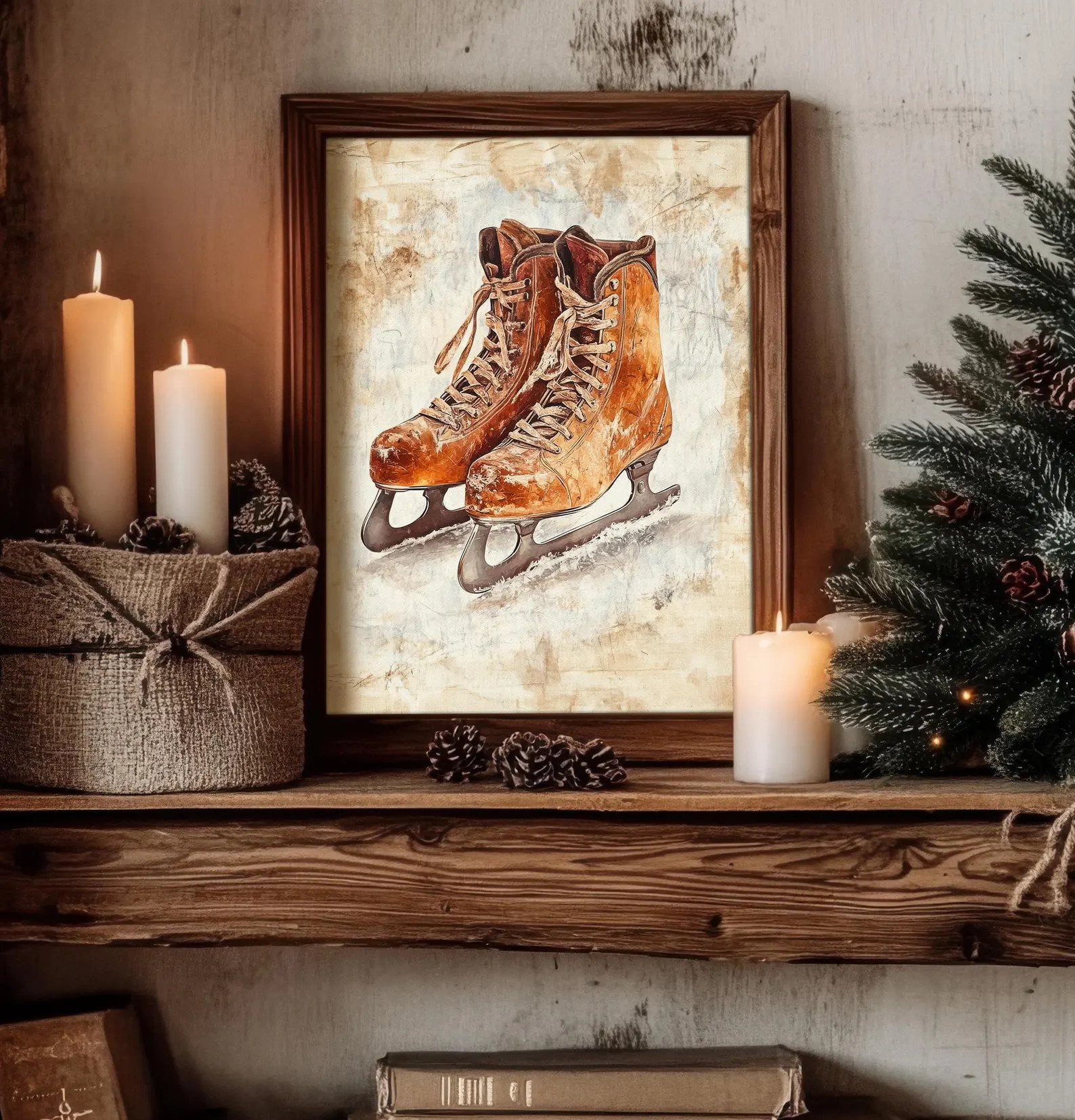 Ice Skates Rustic Christmas Print Vintage Style | Nostalgic Cottage Winter and Holiday Decor | PR... | Etsy (US)