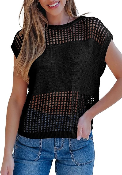 EVALESS Women's Cap Short Sleeve Sweater Vest Casual Summer Crochet Hollow Out Knit Tops Pullover... | Amazon (US)