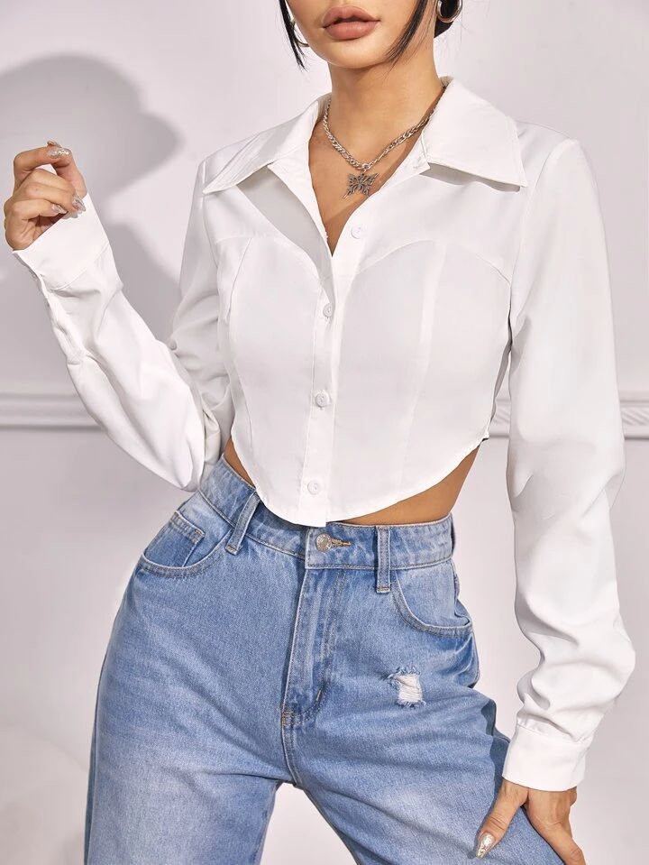 SHEIN EZwear Asymmetrical Hem Crop Shirt | SHEIN