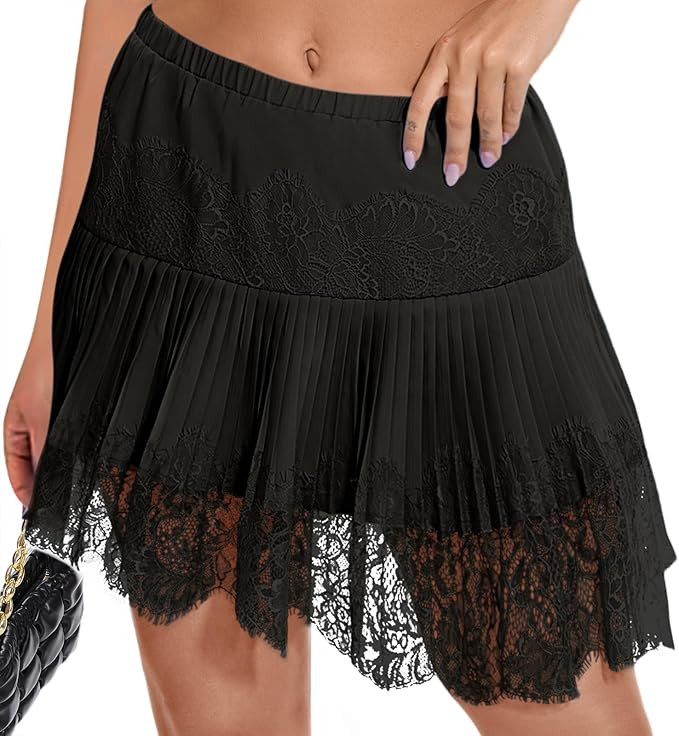 LOMON Women Y2k Mini Slip Skirt with Lace Trim Pleated Ruffle Short Skirts Flowy Club Night Skort... | Amazon (US)
